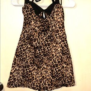 Sourpuss Leopard Romper, black Bow Tie Halter, Pin Up Style Black trim, shorts